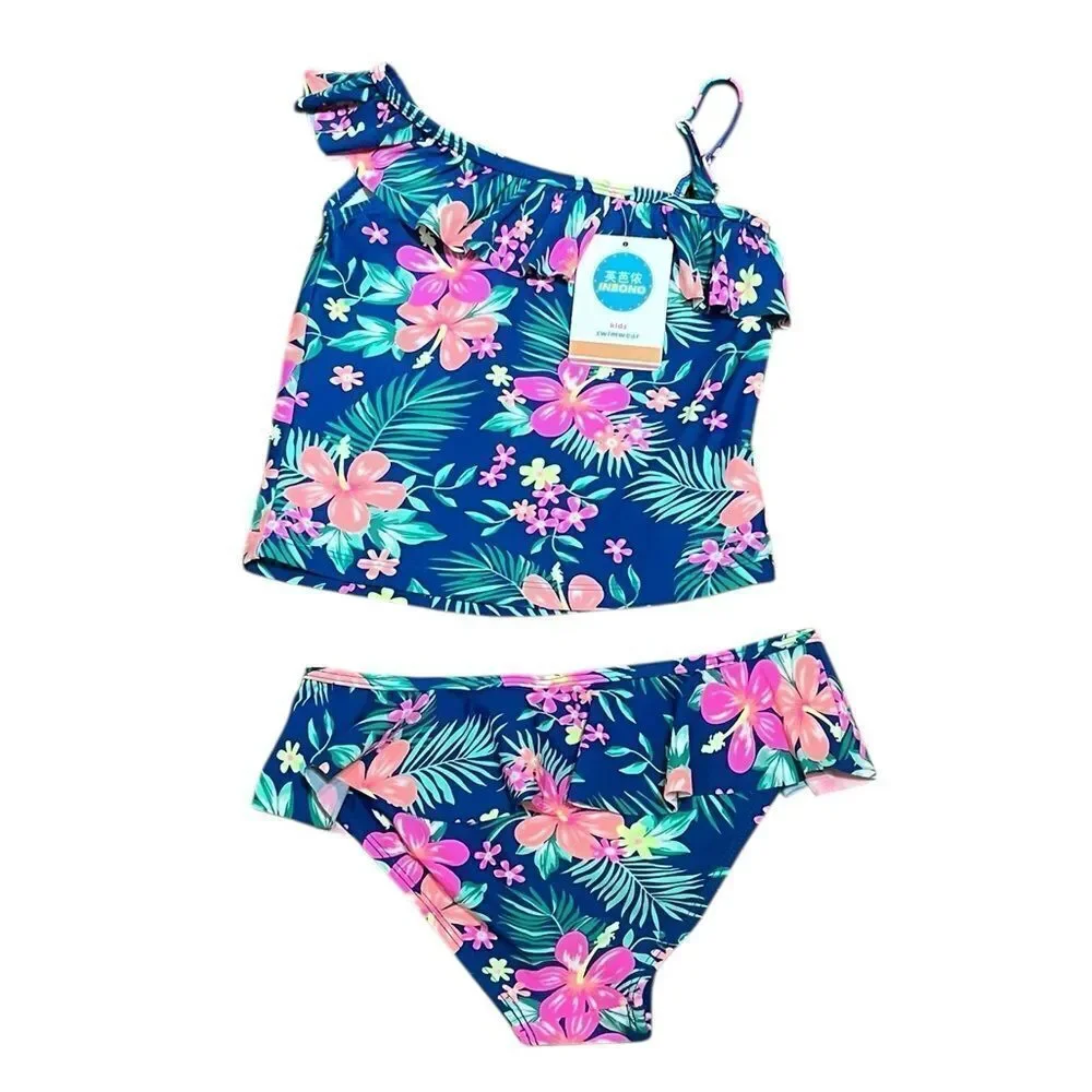 Inbono Girl’s Blue and Pink 2 Piece Swimsuit with‎ Ruffle Detail, Size 6-7, NWT